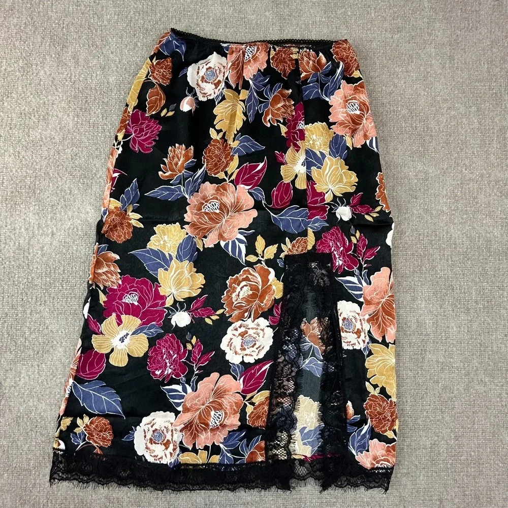 Band Of The Free Lilou Midi Skirt Womens Small Black Floral Lace Slip Front Slit